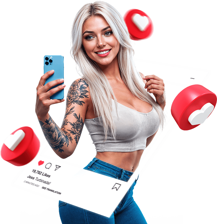 Jovem loira sorridente segurando um smartphone azul para tirar uma selfie; ela usa top curto bege e calça jeans, tem tatuagens florais no braço, e está rodeada por ícones 3D de coração representando ‘curtidas’, sobre uma interface estilizada de postagem do Instagram.